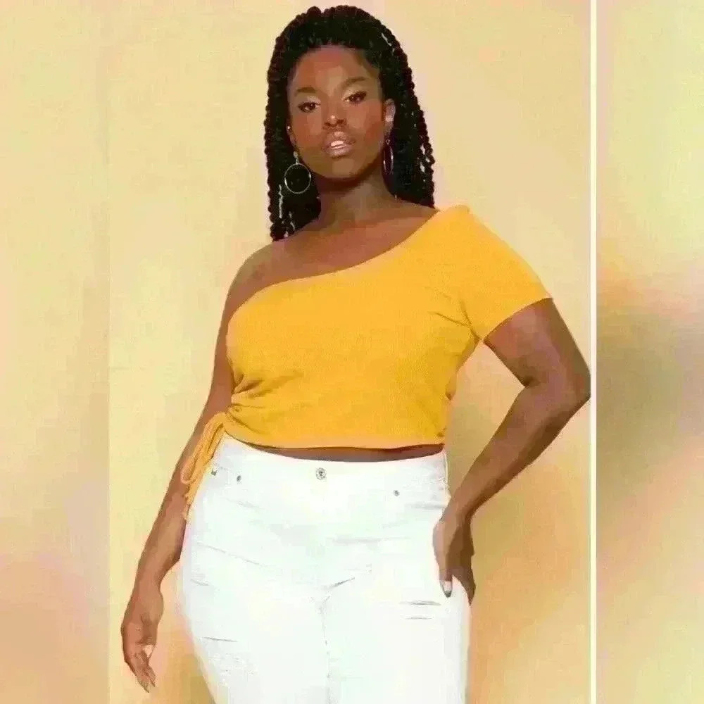 PLUS SIZE ASYMMETRIC RIBBED CROP TOP - MUSTARD size 3x  Nwot